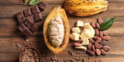 Rozpůlený kakaový lusk, kakaové boby a čokoláda