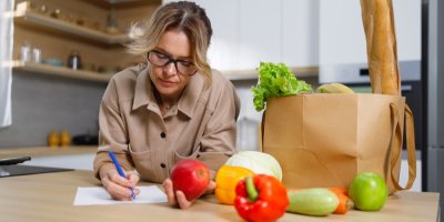 Žena si na stole vedle nákupu píše seznam