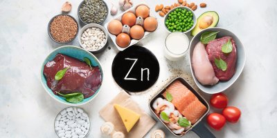 Chemická značka zinku Zn, kolem jsou potraviny jako vejce, sýr, rajčata, losos, masa, hrášek, avokádo, luštěniny, mléko, krevety, houby