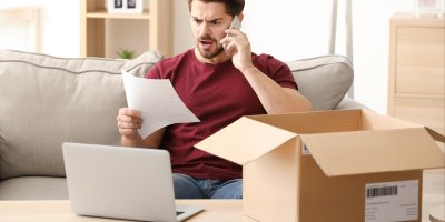 Šokovaný muž si s telefonem u ucha prohlíží smlovu