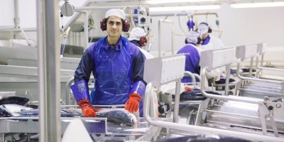 Muž s rybou u výrobní linky