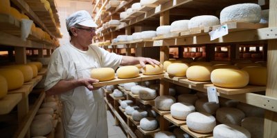 Muž v zástěře dává kulaté sýry do regálu ve zrací komoře