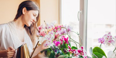 Žena zalévá orchideje 