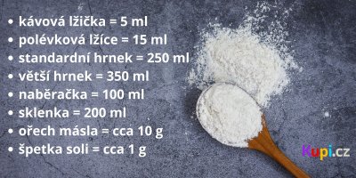 Vařečka, mouka, výpis odměřovacích údajů, který je stejný jako v textu výše