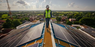 Muž instaluje solární panely na střechu