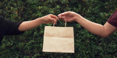 Dvě ruce drží papírovou tašku před keřem