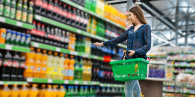 Žena nakupuje limonády v supermarketu