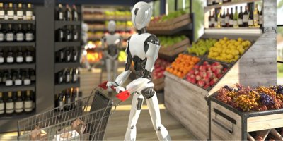 Humanoid tlačí nákupní vozík v supermarketu