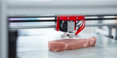 Záběr na tisk steaku na 3D tiskárně