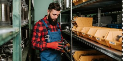 Muž v monterkách u kovového regálu