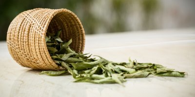 Sušené listy kari vysypané na stole