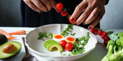 Člověk připravuje pokrm z avokáda, vajec, rajčat a rukoly