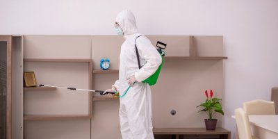 Muž ve speciálním obleku hubí škůdce v domácnosti