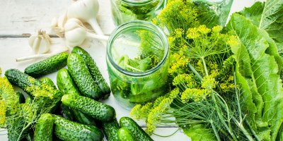 Prázdná zavařovací sklenice s kyselými okurkami, koprem a česnekem