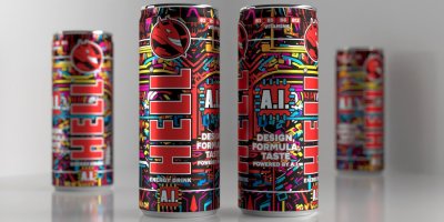 Čtyři plechovky energetického nápoje Hell Energy