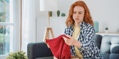 Žena si prohlíží balíček s oblečením