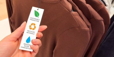 Žena kontroluje informace na štítku u textilu