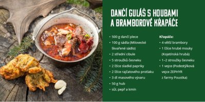 Dančí guláš s houbami a bramborové křapáče