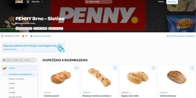 Kopie obrazovky rozvážkové služby Wolt a sortimentem z PENNY 