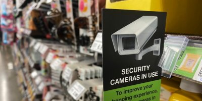 Cedulka v supermarketu s vyobrazenou kamerou