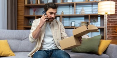 Nespokojený muž drží otevřenou krabici a telefonuje