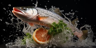 Ryba, pravděpodobně losos, vyskakující z vody, pod ní plátek grapefruitu a bylinky