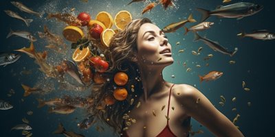 Žena ve vodě, okolo ní plavou ryby a u hlavy se jí vznáší ovoce a zelenina