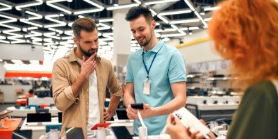 Muž nakupuje mobilní telefon, s výběrem mu radí zaměstnanec obchodu