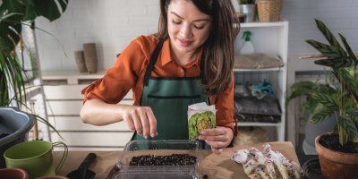 Žena doma sází semínka do květináče