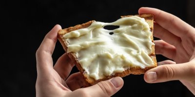 Žena, která drží v rukou pečivo, namazané taveným sýrem