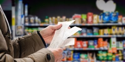 Žena v supermarketu, která kontroluje účtenky