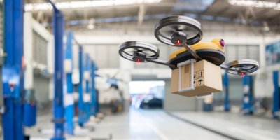 Létající dron ve skladu