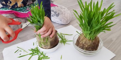 Děti vyrábí hlavy z osení