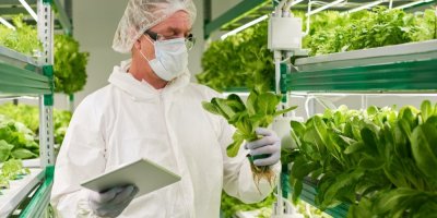 Vědec v obleku drží listy špenátu