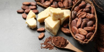 Kakaové boby, kakao na lžičce a kousky bílé čokolády