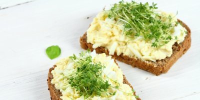 Tousty s vajíčkovou pomazánkou posypané naklíčenou řeřichou 