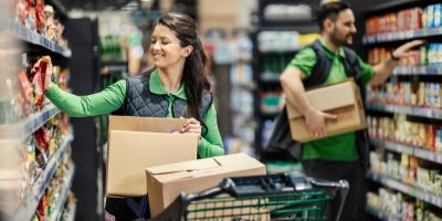 Prodavači doplňují zboží v supermarketu