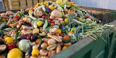 Ovoce, zelenina a pečivo vyhozené v kontejneru