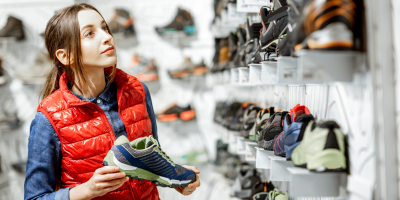 Žena si v obchodě s obuví vybírá turistické boty