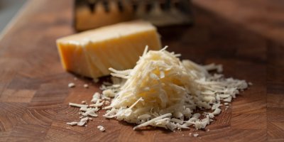 Strouhaný sýr parmazán na dřevěné desce, v pozadí kousek sýru vcelku a struhadlo