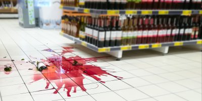 Rozbitá lahev od vína v supermarketu