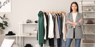 Žena stojí u stojanu s oblečením