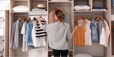 Žena dává oblečení do šatny