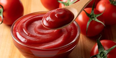 Kečup ve sklenění misce s rajčaty okolo