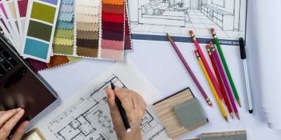 Stůl plný plánů interiérů, vzorníků a tužek