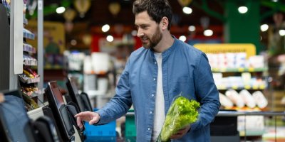 Mladý muž používá dotykovou obrazovku samoobslužné poklady, ve druhé druhé drží salát
