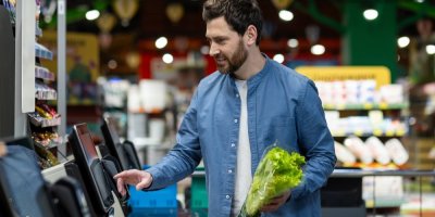 Muž v košili nakupuje u samoobslužné pokladny salát