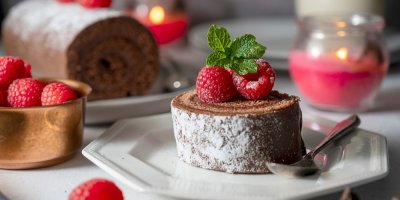 Čokoládová roláda ozdobená malinami