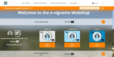 Úvodní stránka slovinského e-shopu s možnostmi zakoupení různých typů dálničních známek