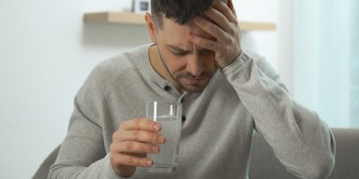 Muž se drží za hlavu a v ruce drží vodu